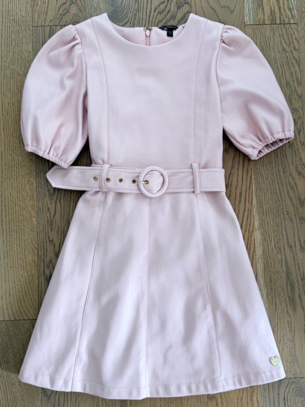 GUESS Girls Faux Leather Puff Sleeve Belted Dress